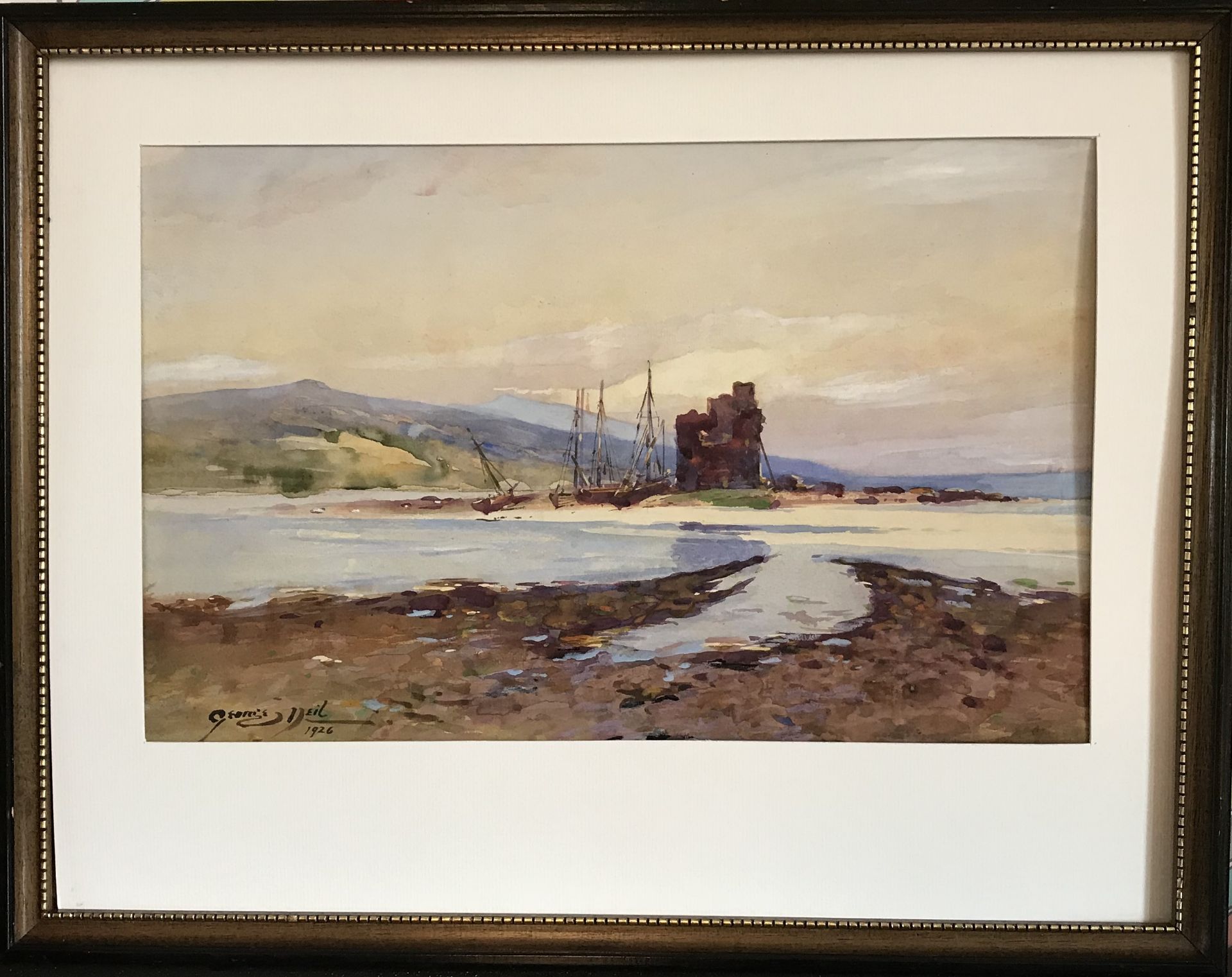 George Neil, Signed, Watercolour Scottish Loch, beached boats - Image 3 of 3