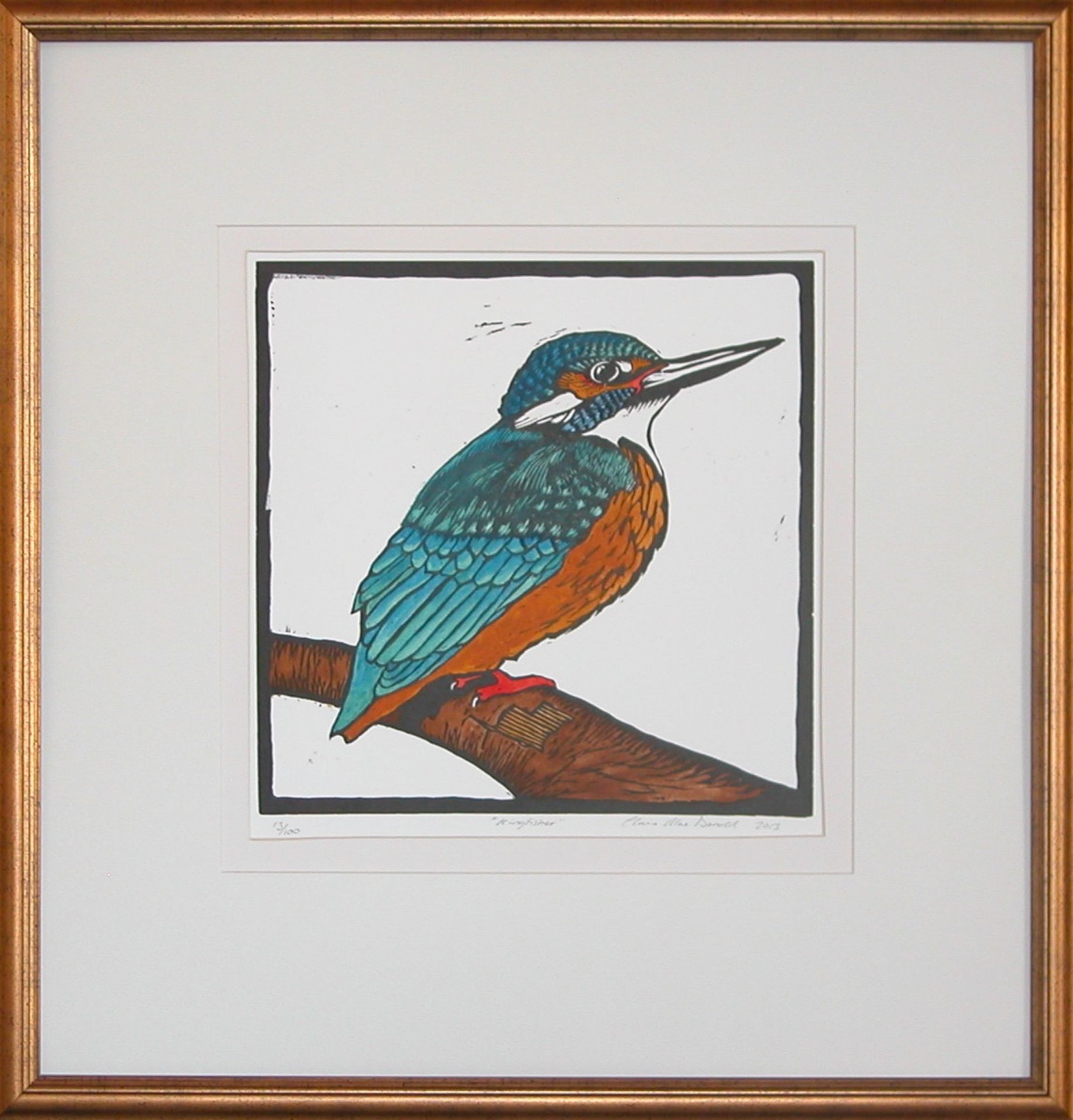 Claire Macdonald Signed, hand coloured wood block print "Kingfisher" - Image 2 of 3