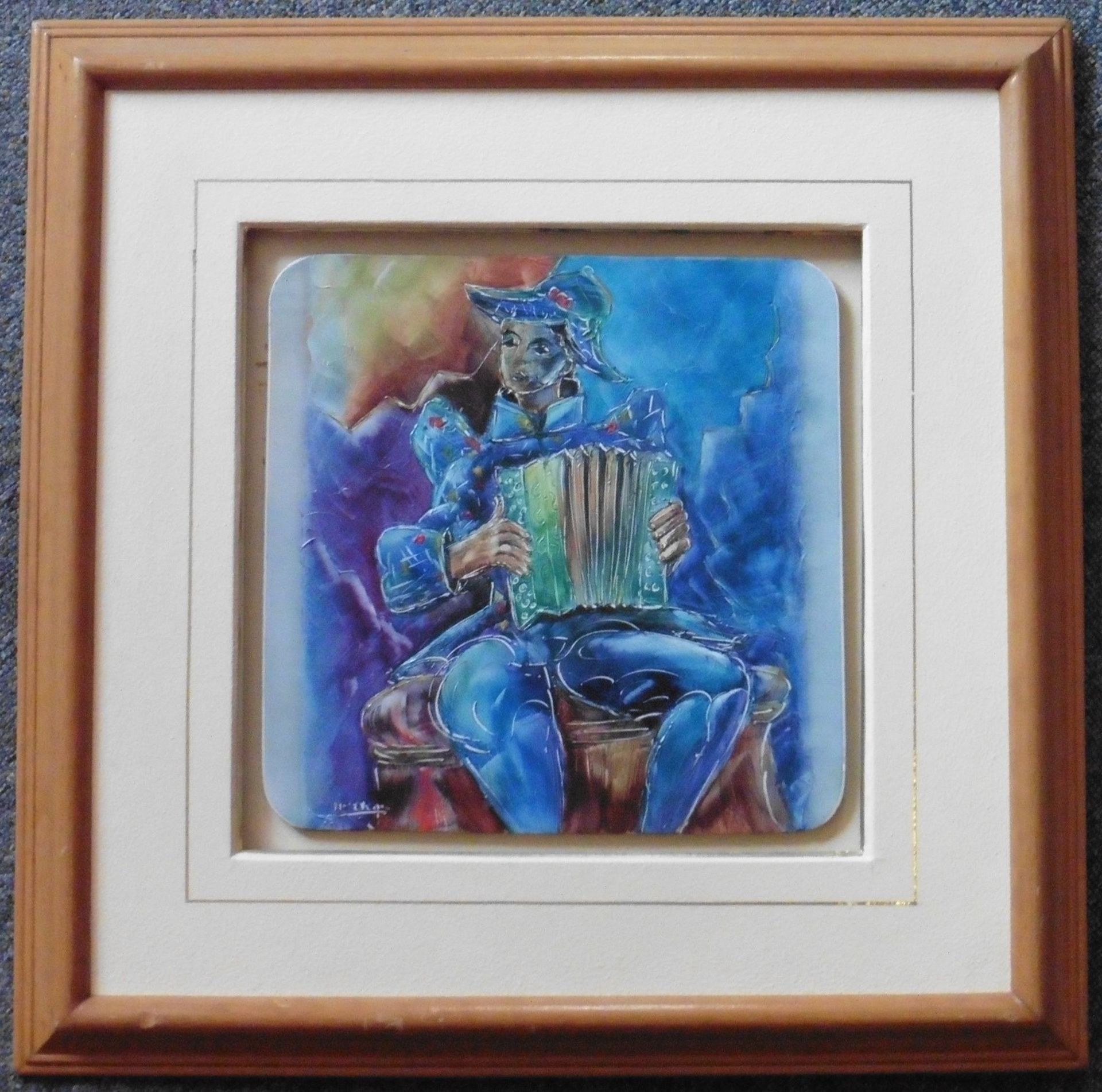 Framed painted ceramic tile “The accordion player” indistinctly signed within the tile - Image 6 of 6