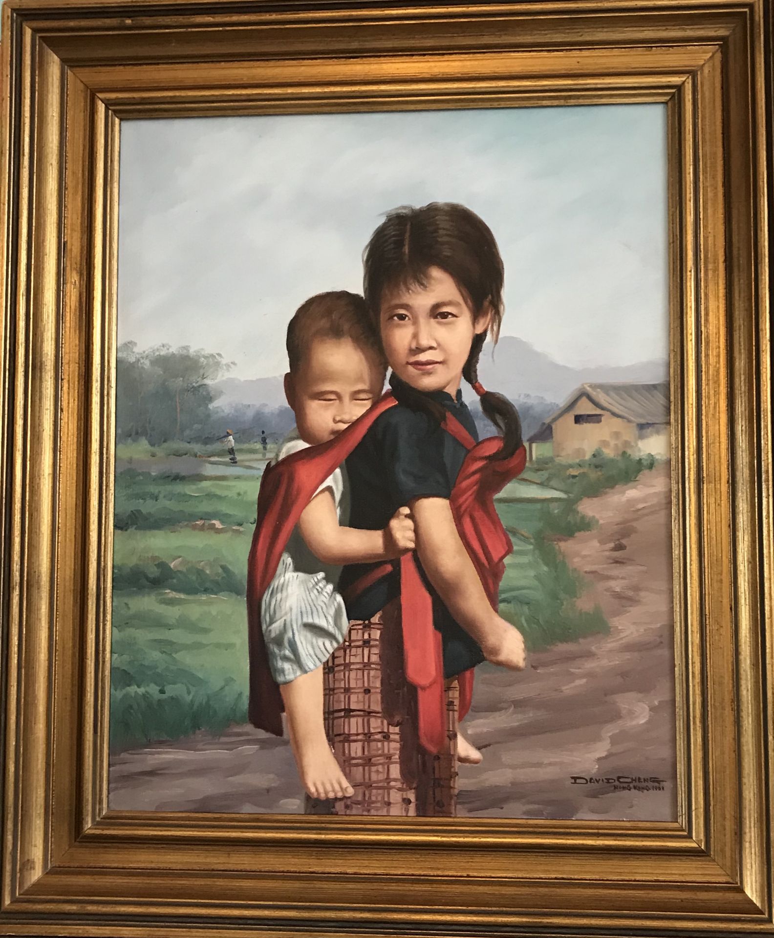 David Cheng, Hong Kong 1961 signed Oil on canvas “Girl with Brother” - Image 3 of 3