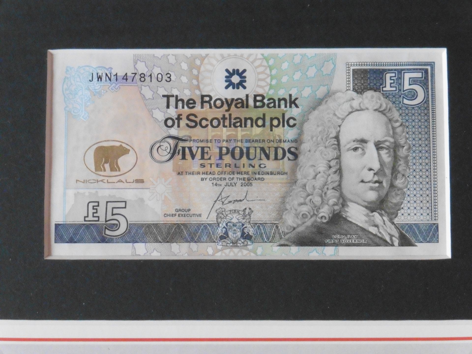 Jack Nicklaus Royal bank of Scotland framed £5 notes, Frame 18” x 12.5”