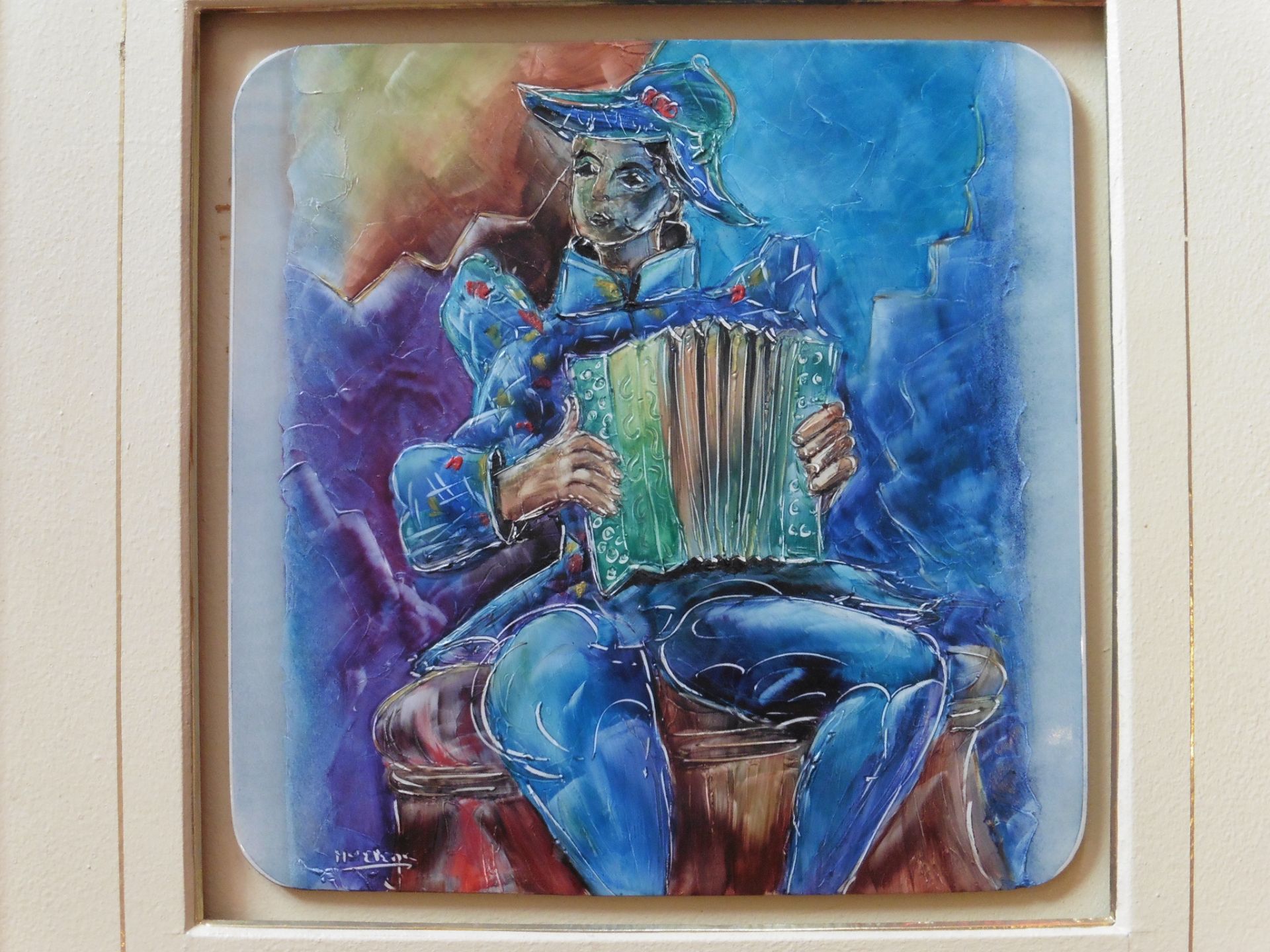 Framed painted ceramic tile “The accordion player” indistinctly signed within the tile - Image 2 of 6