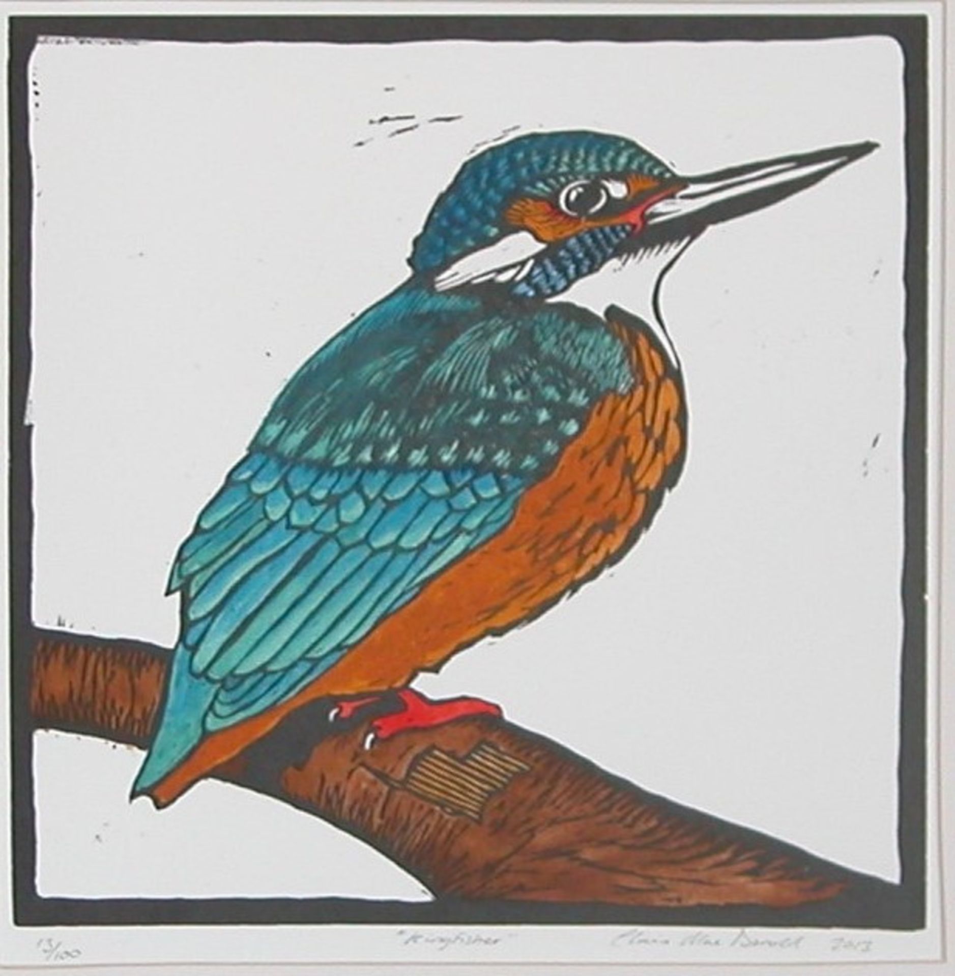 Claire Macdonald Signed, hand coloured wood block print "Kingfisher"