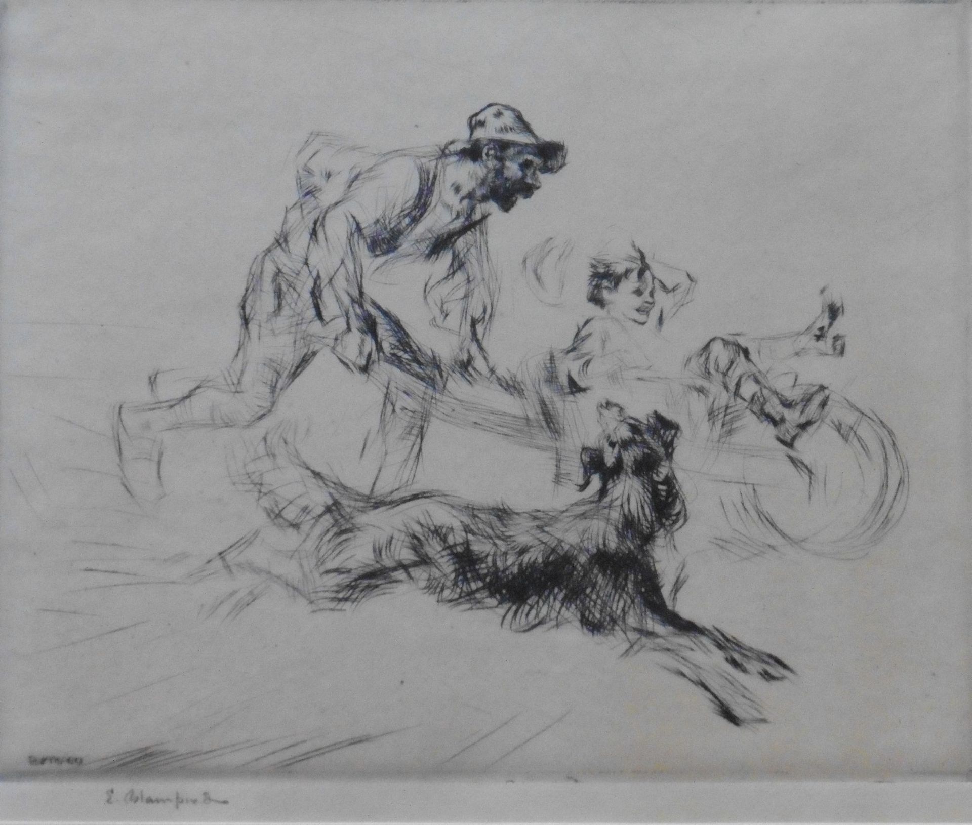 Edmund Blampied, RBA RE (1886-1966) signed Etching “Wheelbarrow race”