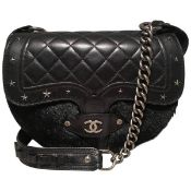 Chanel Black Fur and Leather Saddle Shoulder Bag