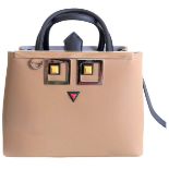 Brand New 2017 Fendi Beige Leather Small Hand Tote Bag, 2Jours 'Occhi'