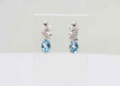 UNUSED - Certified by GIE 9ct White Gold Diamond And Blue Topaz Earring 0.01 Carats, Colour-D,