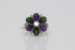 18ct White Gold ladies cluster ring, set with Diamonds, Ametyst and Tourmaline, Weight- 5.14