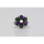 18ct White Gold ladies cluster ring, set with Diamonds, Ametyst and Tourmaline, Weight- 5.14