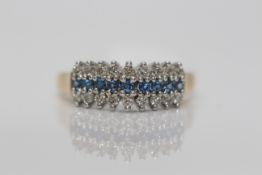9ct Yellow gold Diamond ring, Set with three rows of Diamonds and blue stones, Weight-2.95 grams,