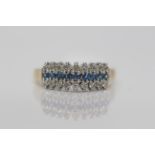 9ct Yellow gold Diamond ring, Set with three rows of Diamonds and blue stones, Weight-2.95 grams,