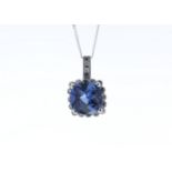 UNUSED - Certified by GIE 9ct White Gold Created Ceylon Sapphire Diamond Pendant 0.05 Carats,