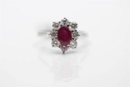 18ct White Gold Diamond Ruby Cluster Ring, Ruby Ruby- 1.00 Carats, Total Diamond Weight- 0.90