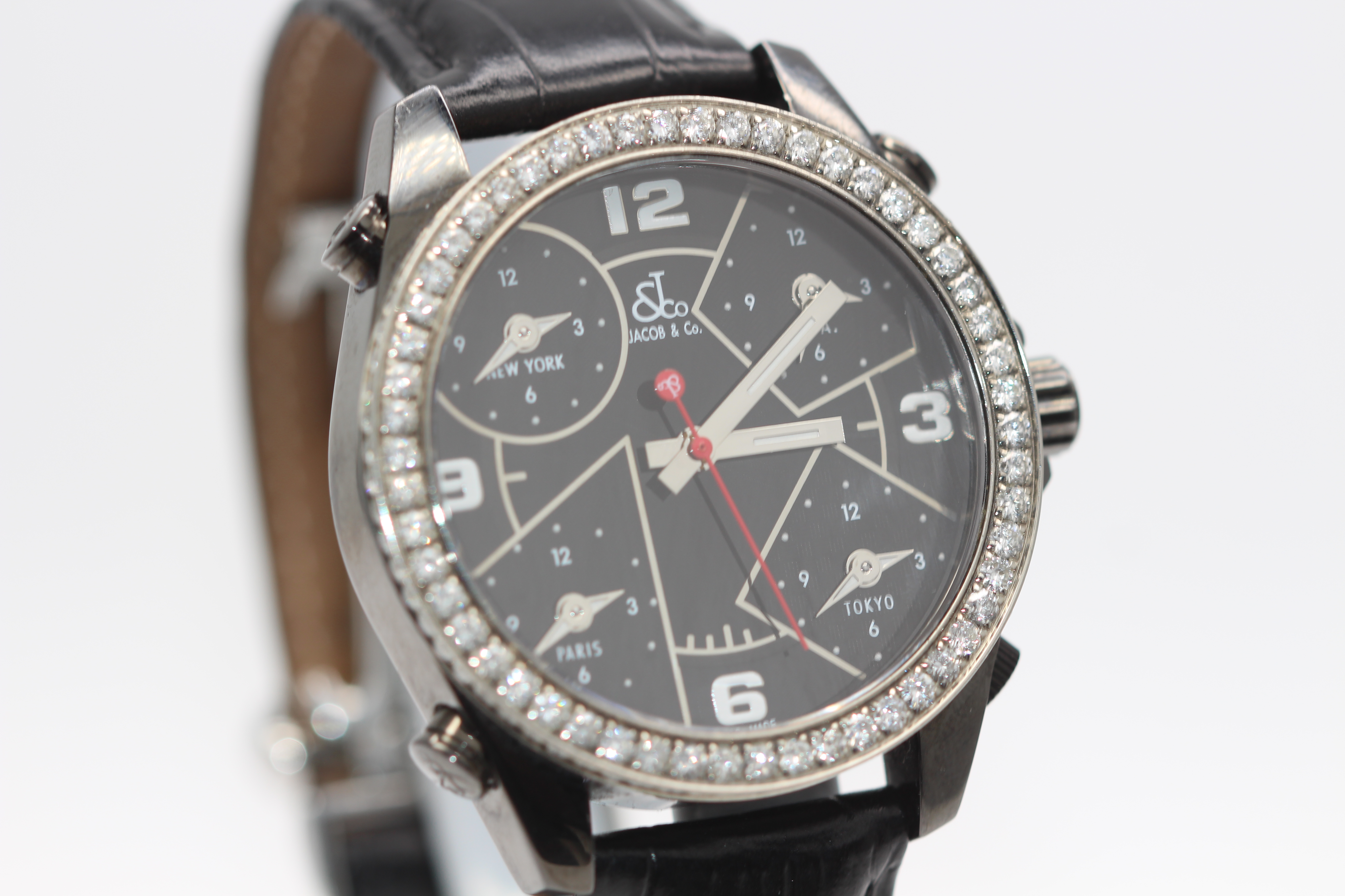 Jacob & Co Gents Watch, 5 world dial, PVD Black coated, Set with diamond bezel, Black leather - Image 2 of 7