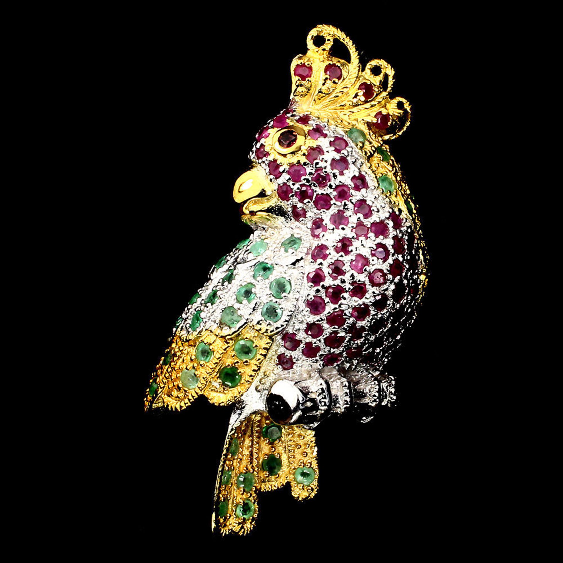 A Beautiful Awesome - Red & Pink Natural Ruby - Natural Emerald - Natural Garnet Parrot Brooch.