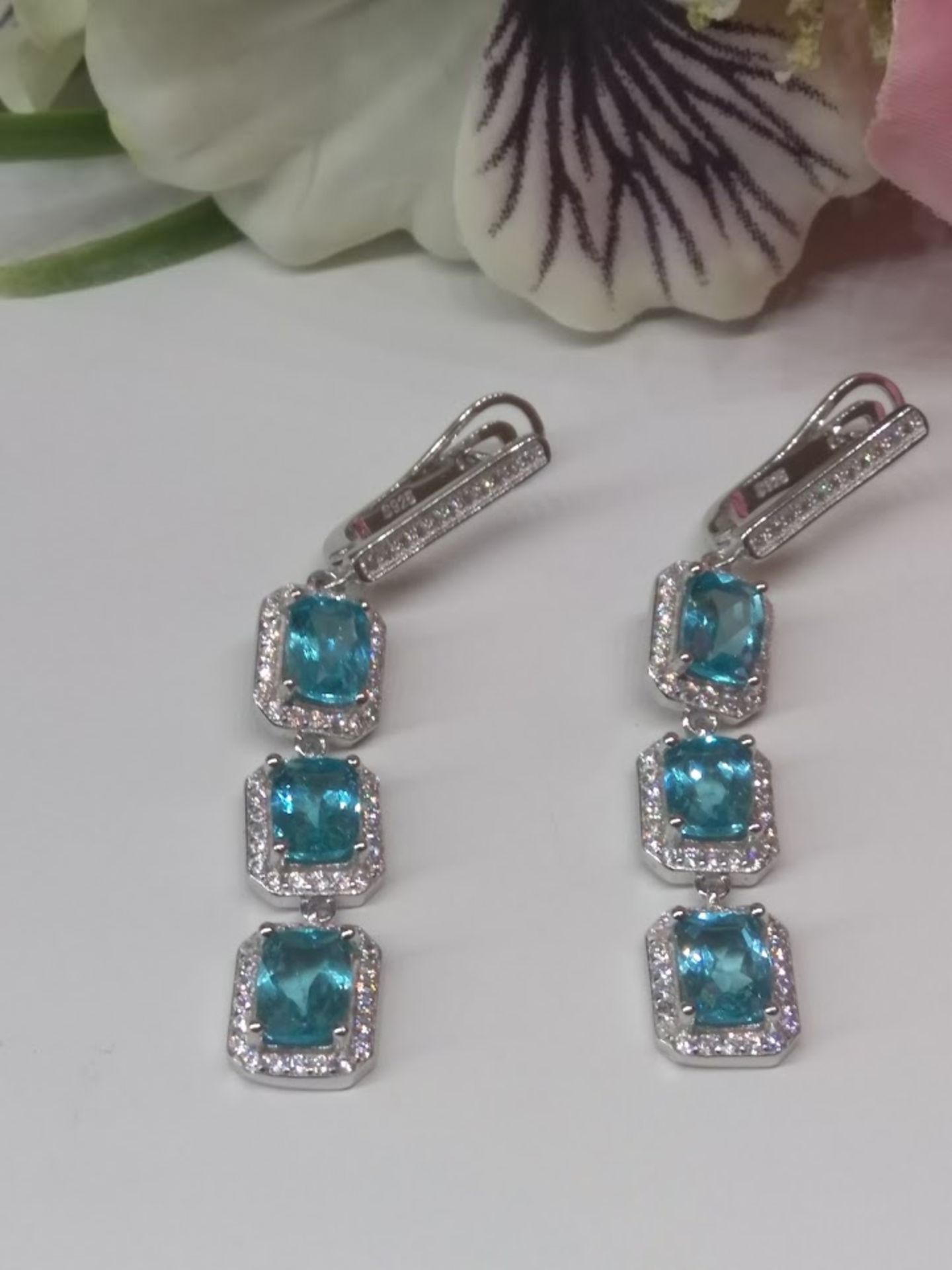 Deluxe Antique Cut Top Neon Blue Natural Apatite Gemstone Earrings, Bespoke - Unique - Image 2 of 2