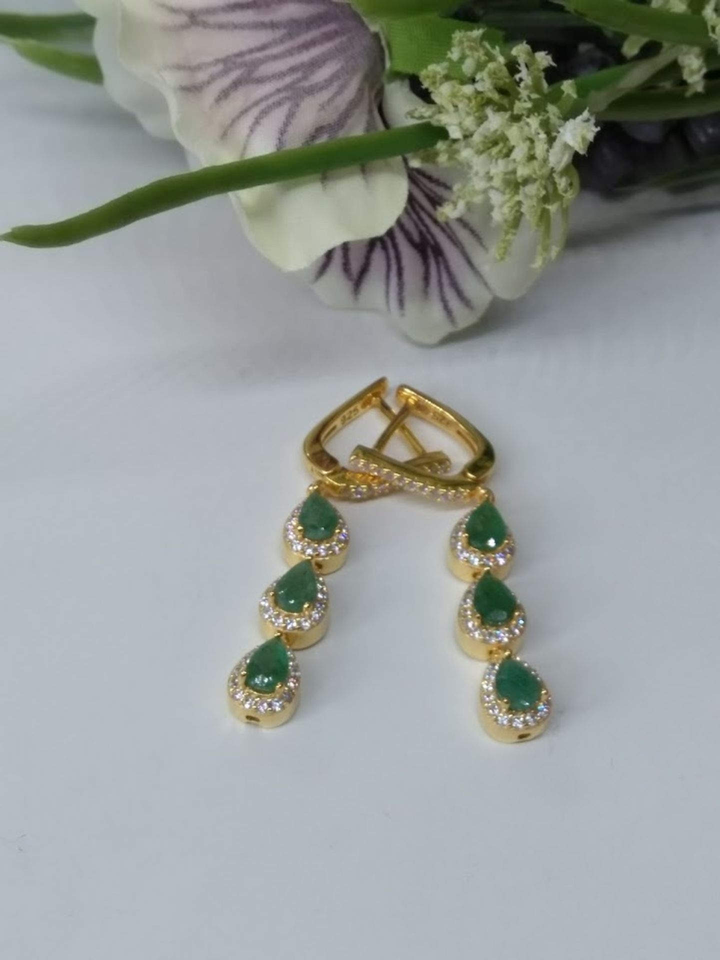 Gorgeous Pear Cut Rich Green Natural Brazilian Emerald Gemstones (6) Earrings, Bespoke - Unique - Image 2 of 2
