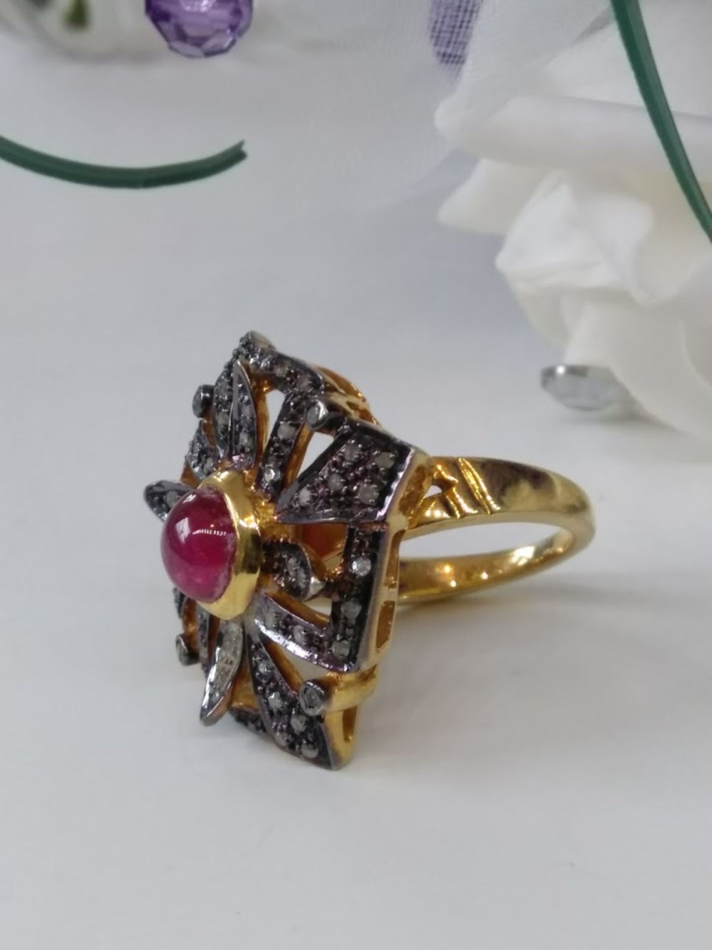 AGI Certified. A Unique Diamond & Ruby Ring, 52 Diamonds & Single centre Cabochon Ruby - Image 2 of 3