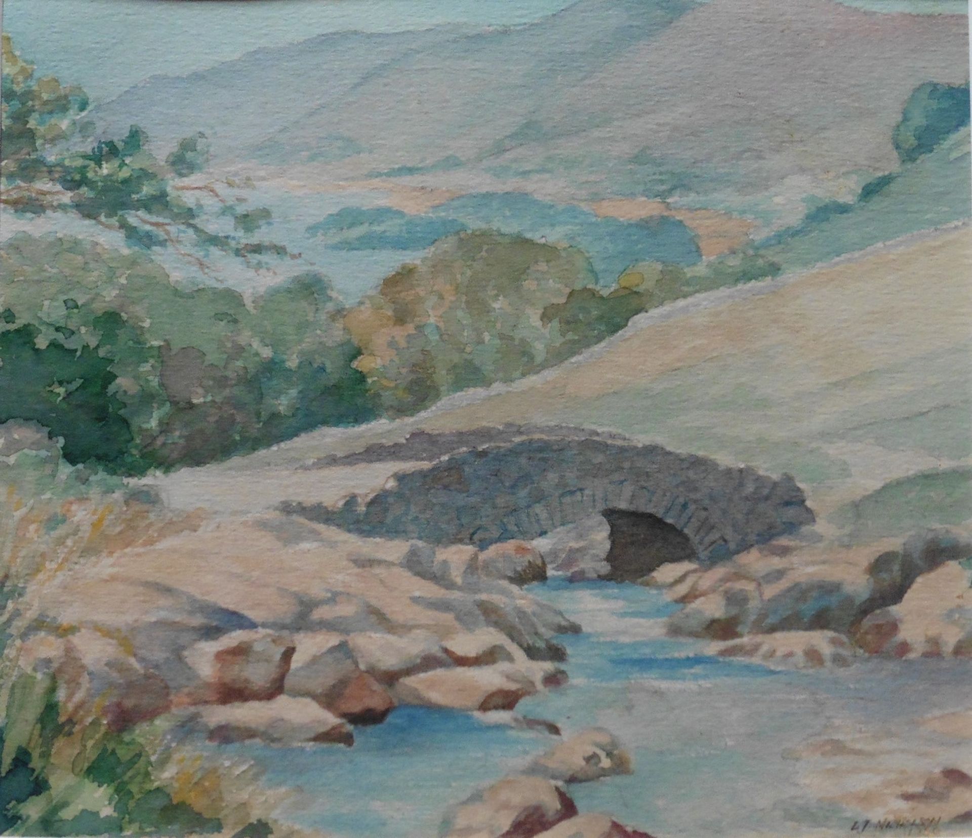 L T Nicholson Watercolour “Country stream with stone bridge”