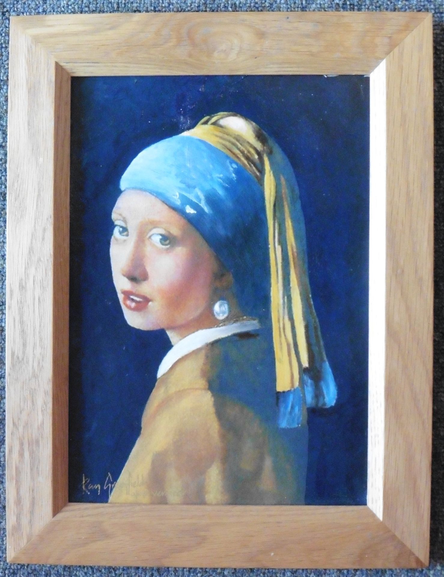 Ray Greenfield Oil painting “Girl with pearl earring” after Johannes Vermeer - Image 5 of 5