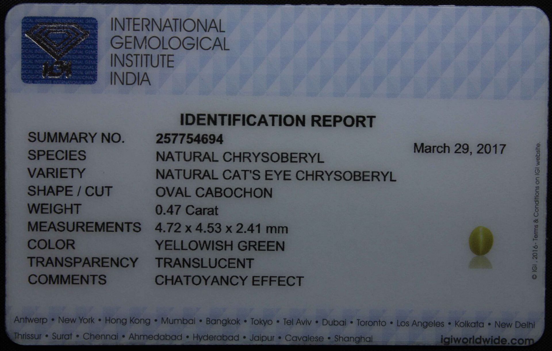 0.47 Ct Igi Certified Chrysoberyl Cat's Eye - Image 3 of 3