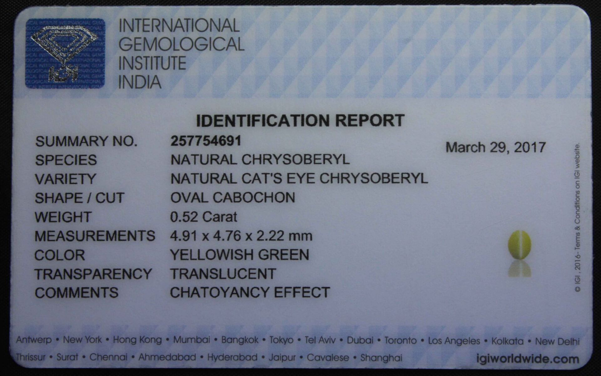 0.52 Ct Igi Certified Chrysoberyl Cat's Eye - Image 3 of 3