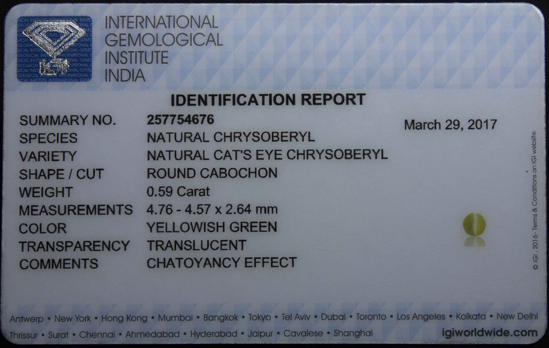 0.59 Ct Igi Certified Chrysoberyl Cat's Eye - Image 4 of 4