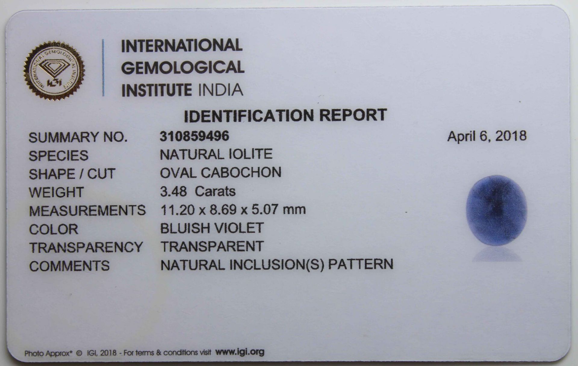 3.48 Ct Igi Certified Iolite - Image 3 of 3