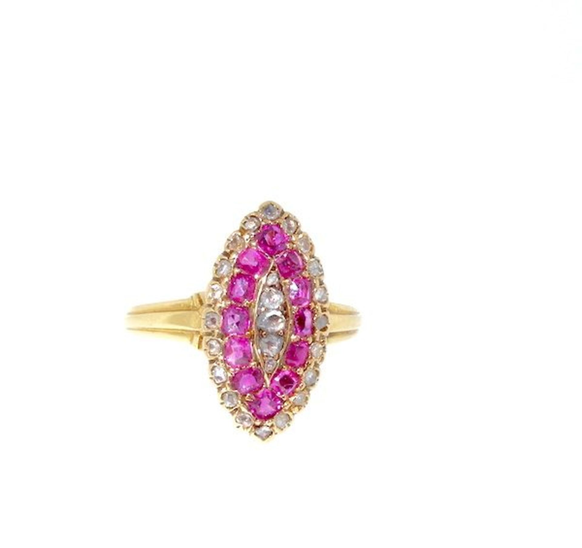 An 18ct Yellow Gold, Marquise-Shaped Ruby And Diamond ing