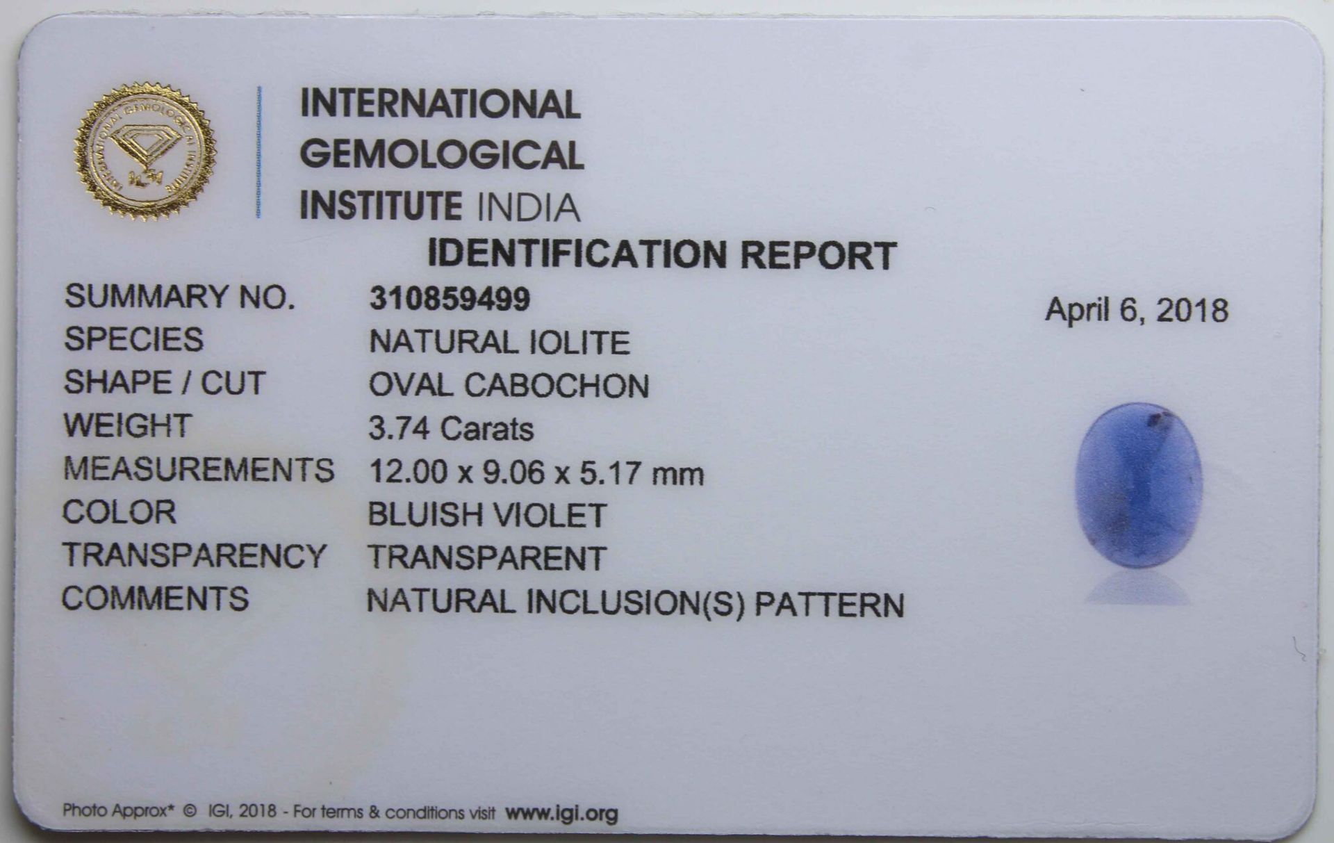 3.74 Ct Igi Certified Iolite - Image 3 of 3