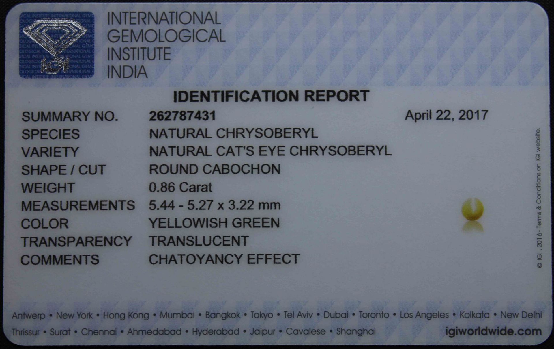 0.86 Ct Igi Certified Chrysoberyl Cat's Eye - Image 3 of 3