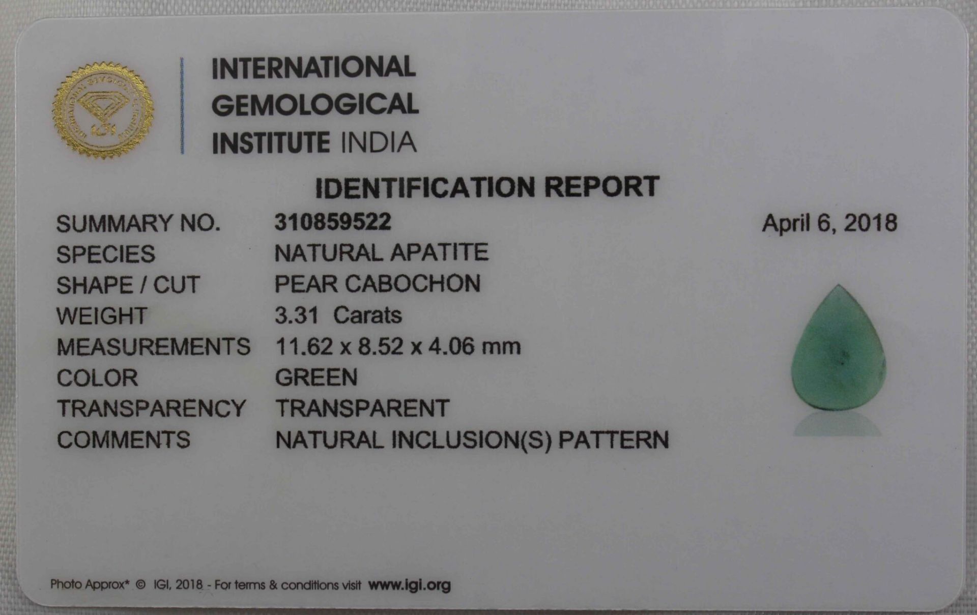 3.31 Ct Igi Certified Green Apatite - Image 3 of 3