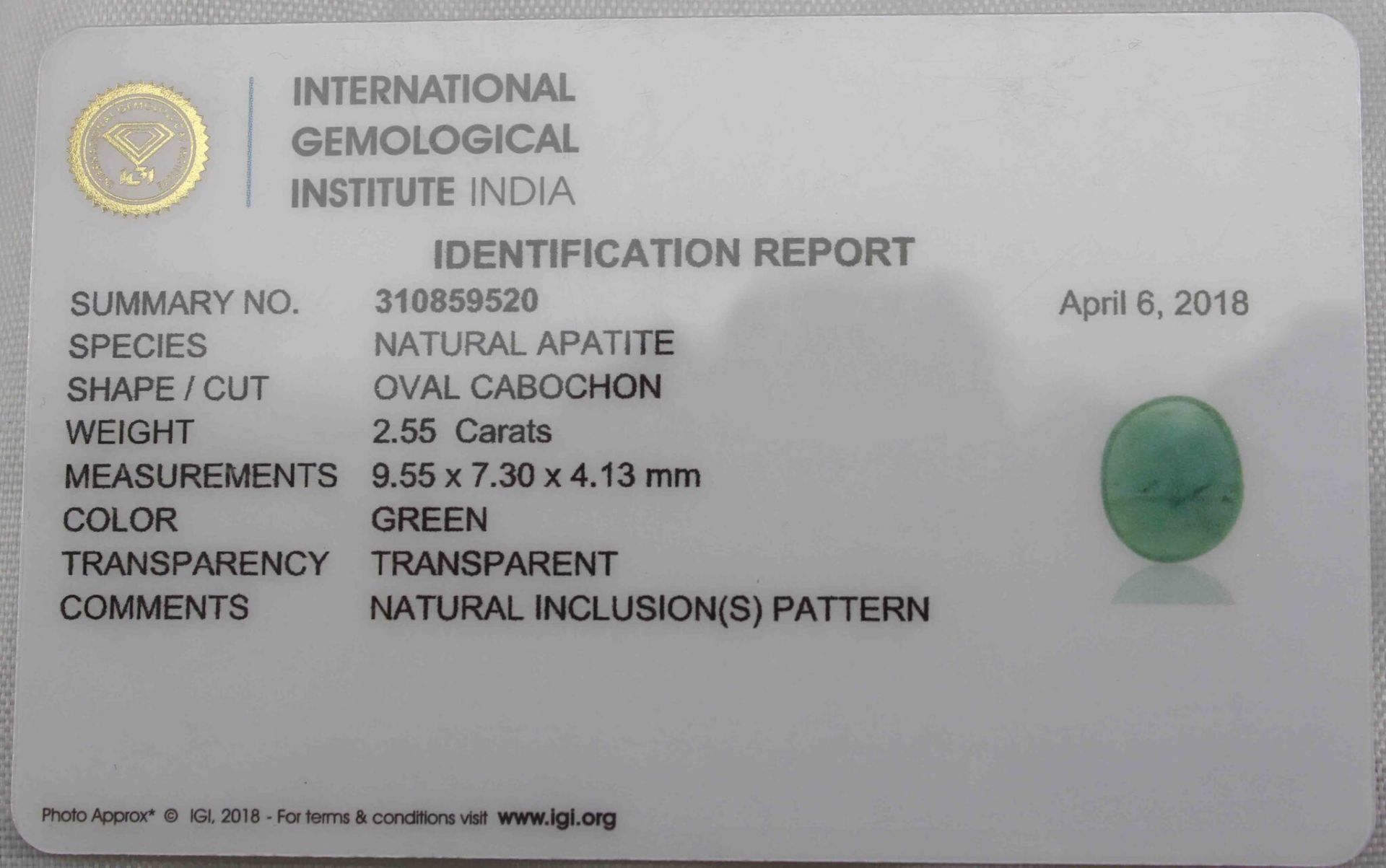 2.55 Ct Igi Certified Green Apatite - Image 2 of 2