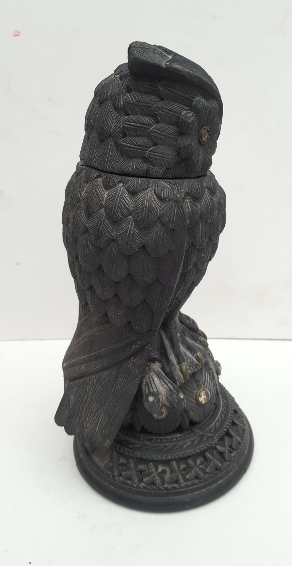 Antique Black Forrest Wooden Owl Inkwell Inset Glass Beads A/F - Image 4 of 4