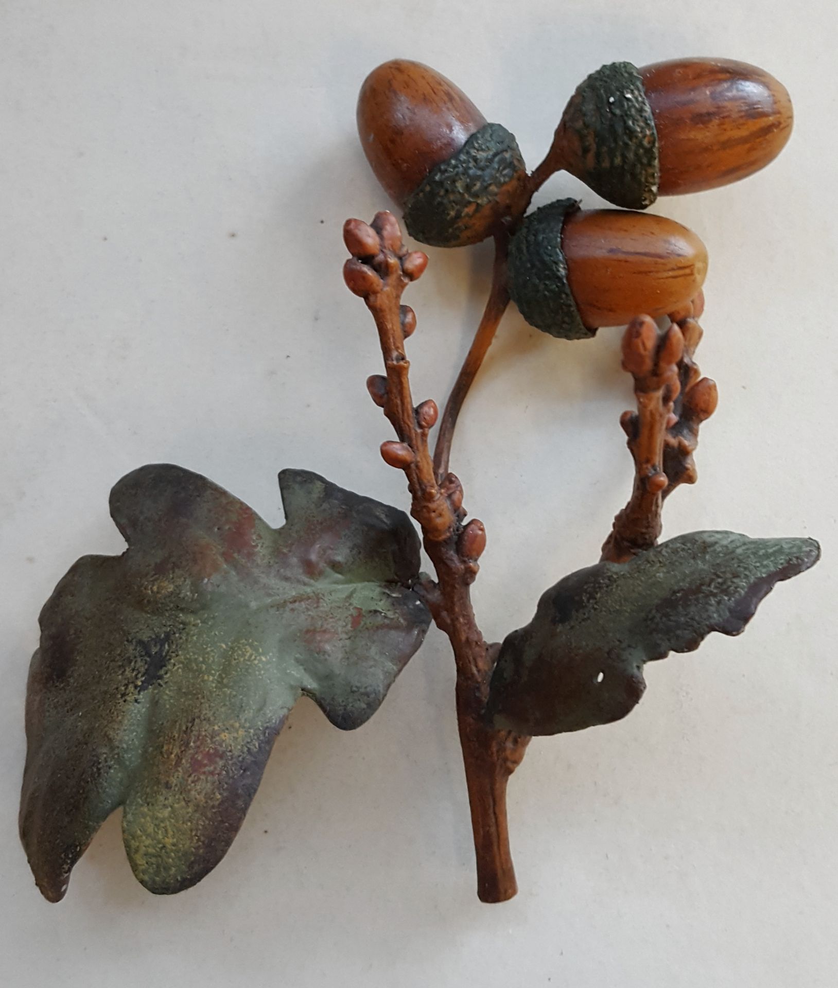 Antique Vintage Cold Painted Metal Oak Leaf Stem & Acorns