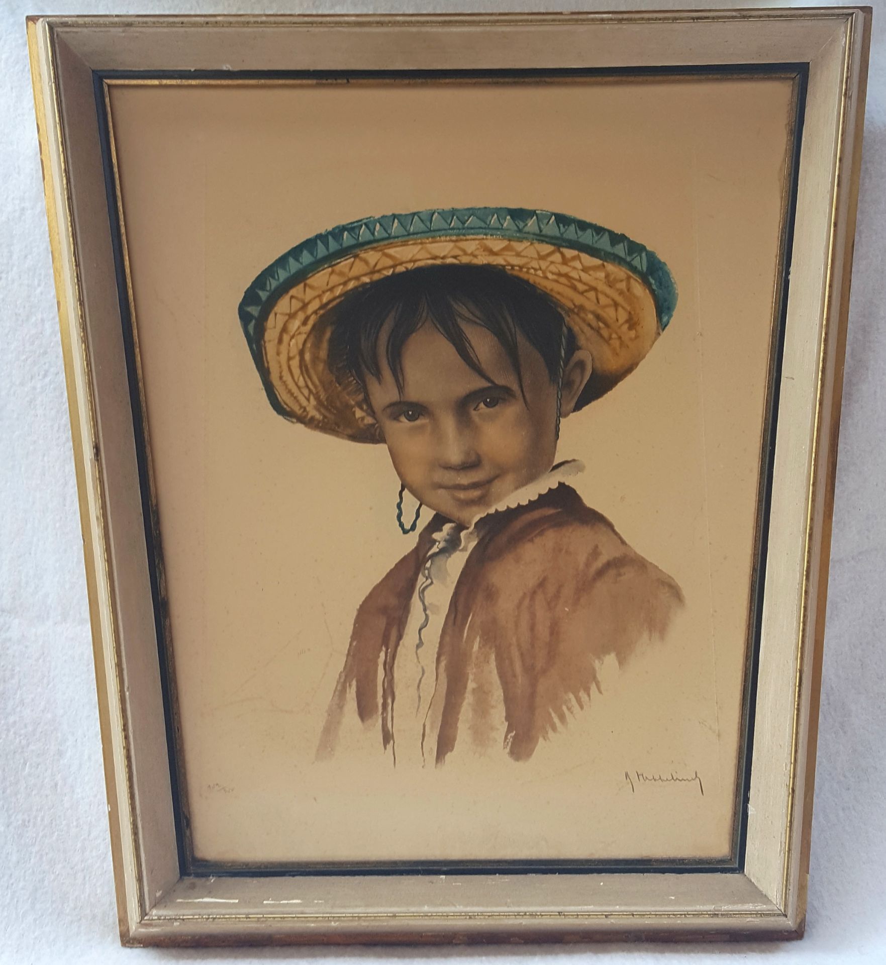 Vintage Retro Aquatint Print Mexican Boy In Folk Costume Roger Hebbelinck