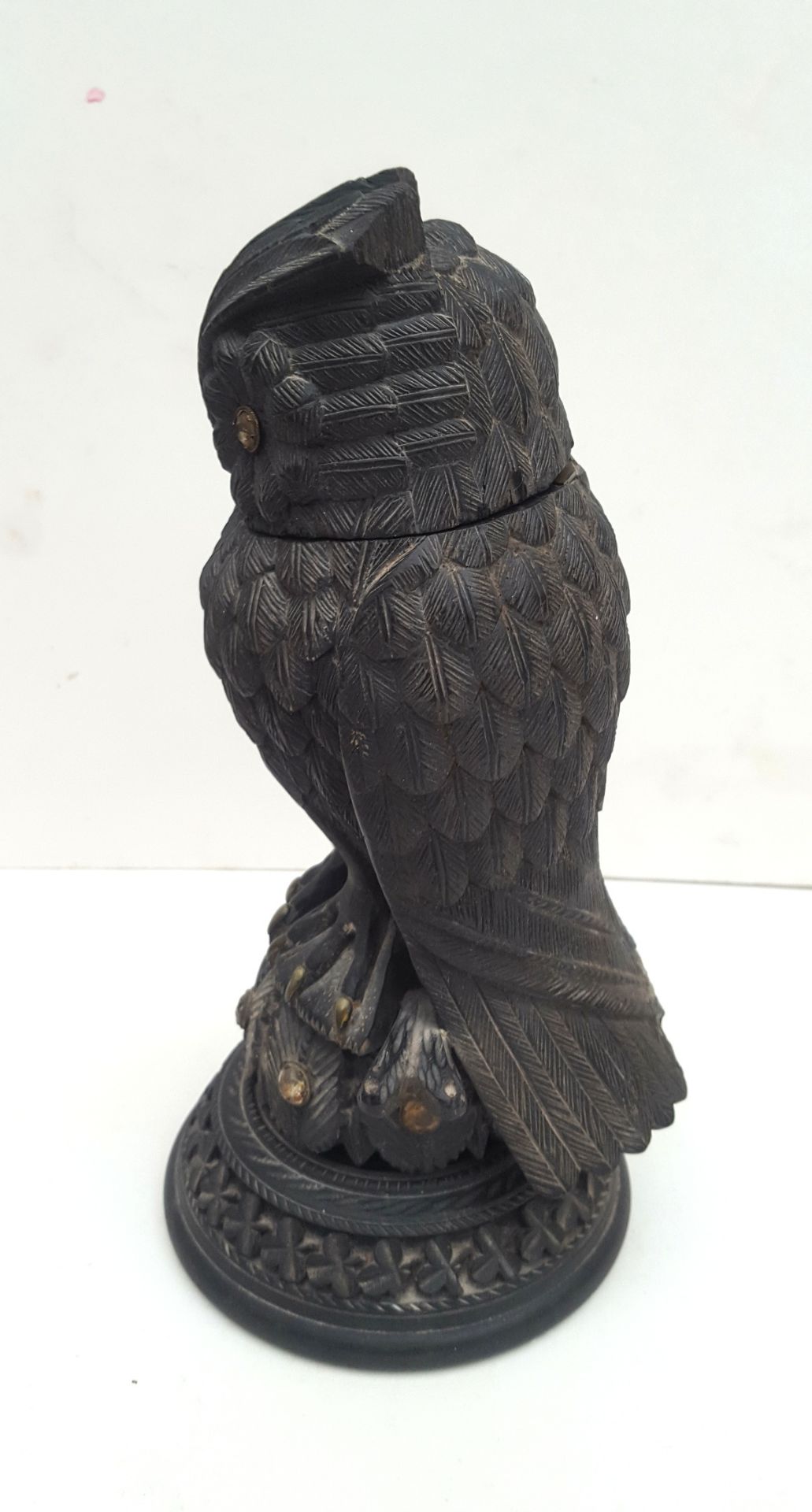 Antique Black Forrest Wooden Owl Inkwell Inset Glass Beads A/F - Image 2 of 4