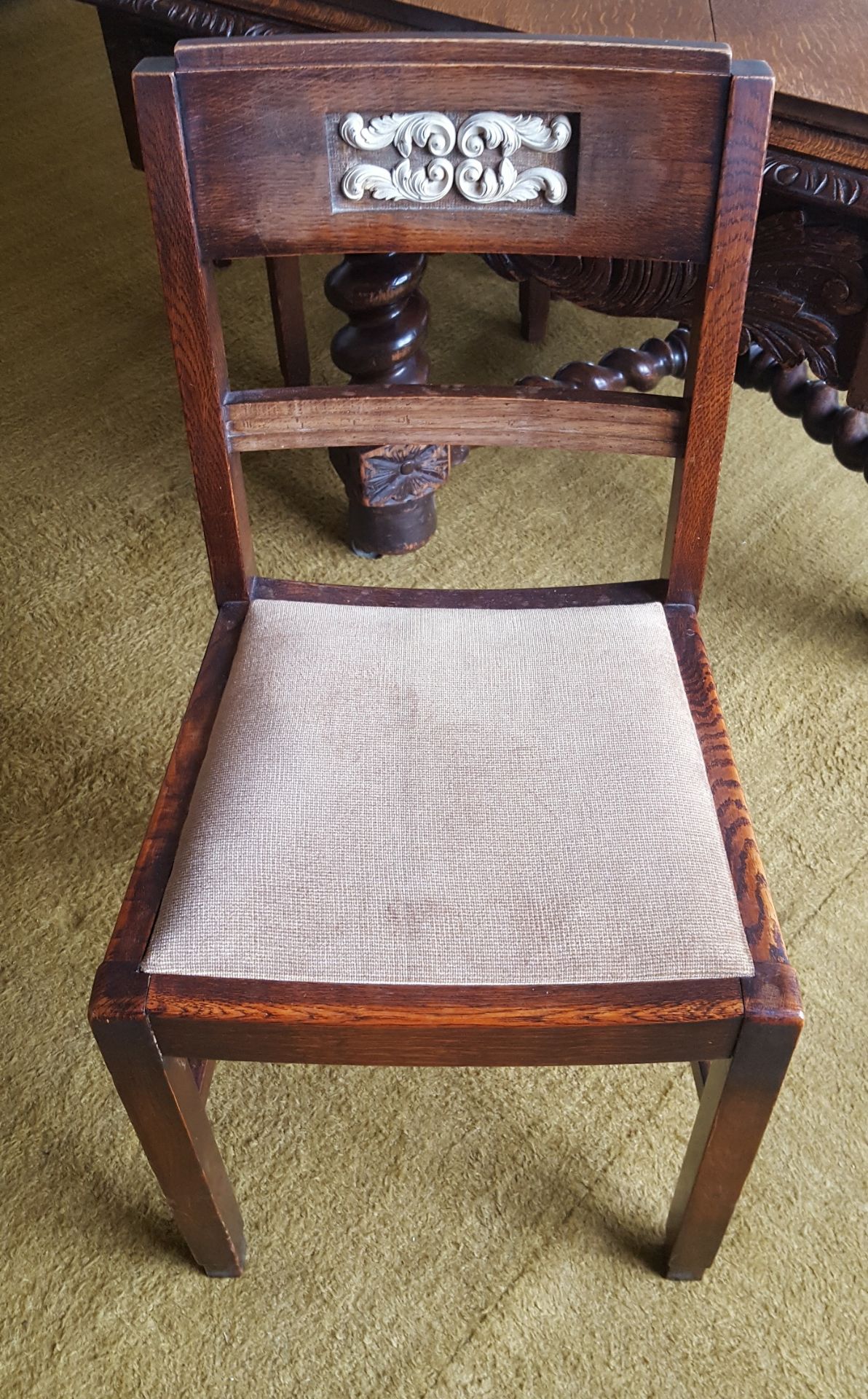 Antique Vintage Hexagonal Oak Dining Table Bobbin Stretchers & Four Chairs - Image 5 of 6