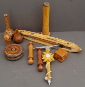 Antique Vintage Parcel of Treen Includes Ice Axe Barometer & Loom Shuttle
