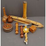 Antique Vintage Parcel of Treen Includes Ice Axe Barometer & Loom Shuttle