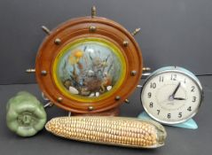 Vintage Kitsch Retro Ships Wheel Table Light & Ceramic Fruit & Veg