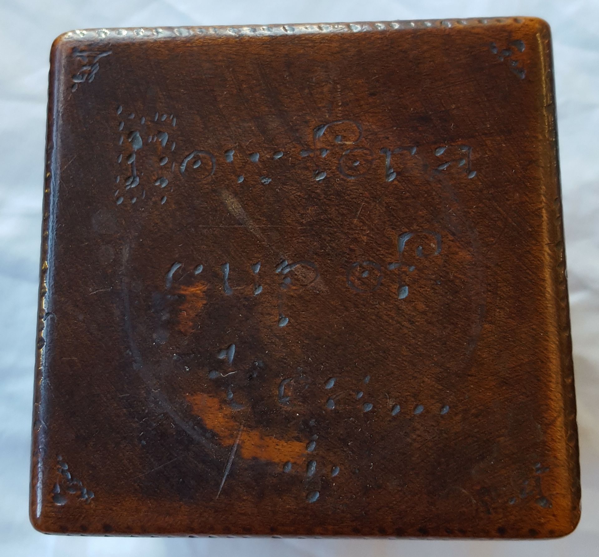 Antique Vintage Wood Tea Caddy Cubed Shape With Poker Work Inscription - Image 3 of 3