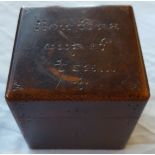 Antique Vintage Wood Tea Caddy Cubed Shape With Poker Work Inscription