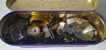 Vintage Retro Tin Box of Assorted Wrist Watch Parts & Watches NO RESERVE