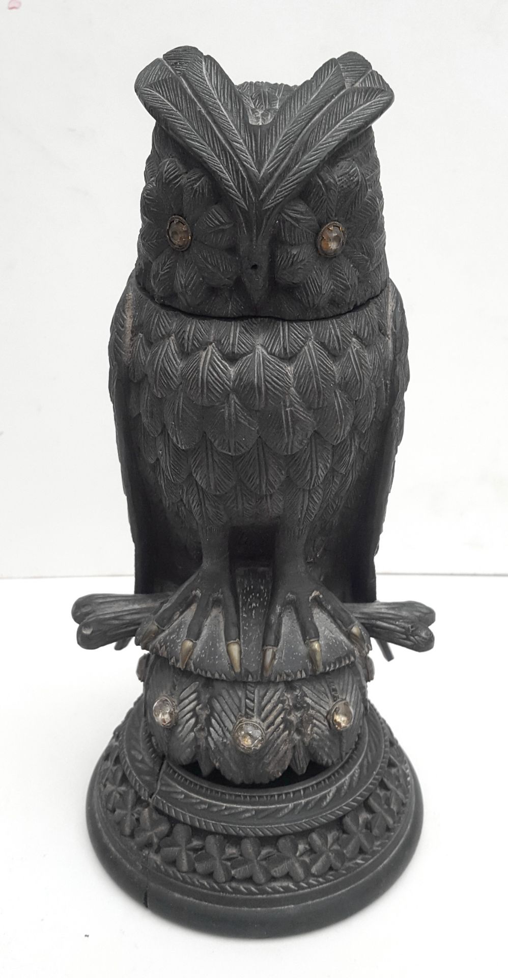 Antique Black Forrest Wooden Owl Inkwell Inset Glass Beads A/F