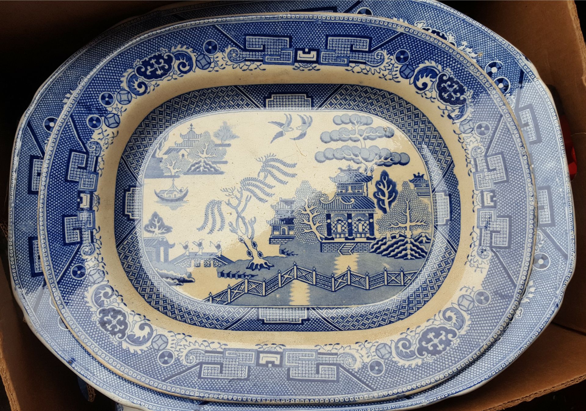 Antique Vintage Box of Blue & White Willow Pattern China Includes Tureen Cruet Jug & Meat Plates - Image 3 of 5