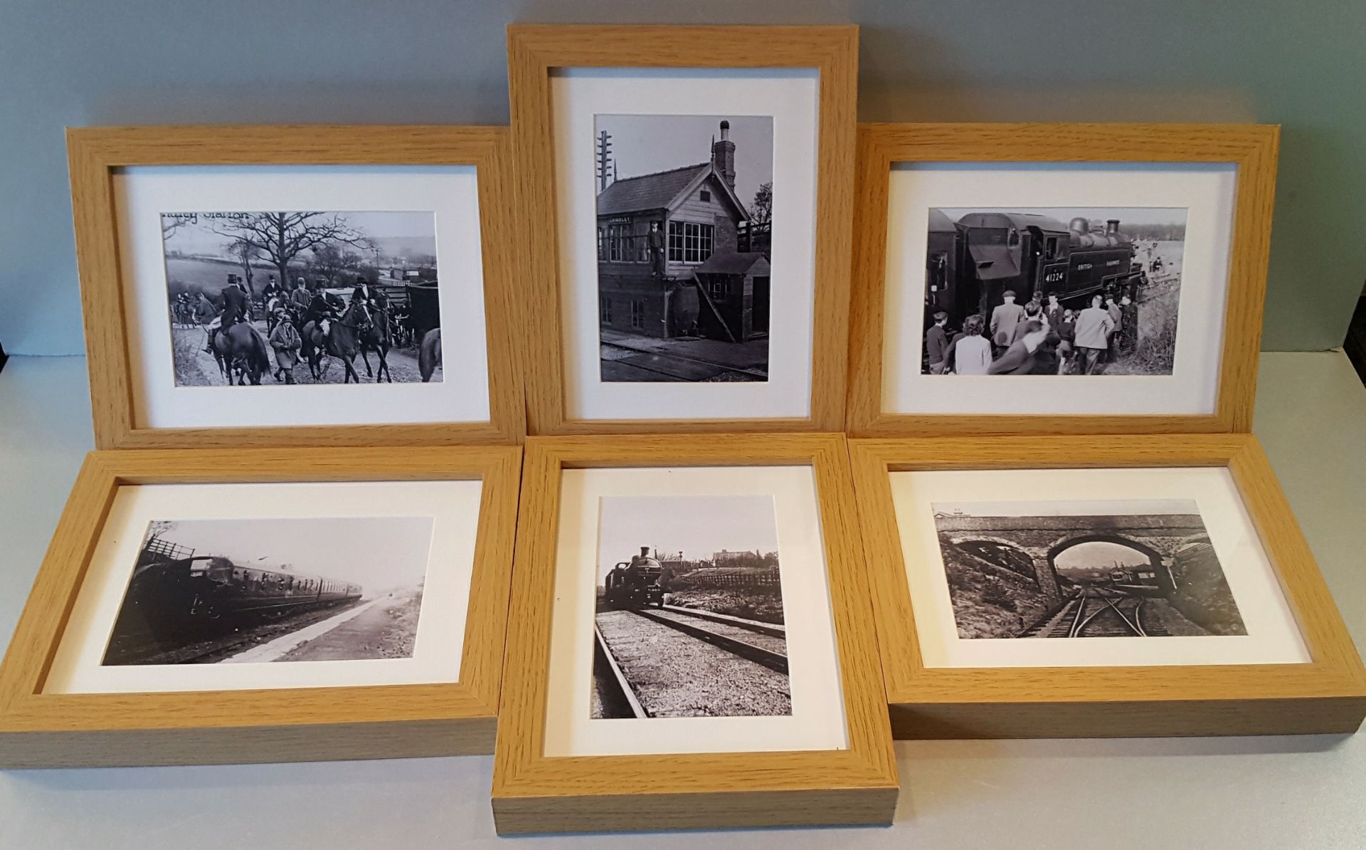 Vintage 6 x Oak Framed Railway & Hunting Photographs Grindley Staffordshire NO RESERVE