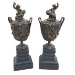 Antique 2 Bronze Lided Vases On Slate Plinths Depicting Fauns Ram Lion Bacchus & Grape Vines