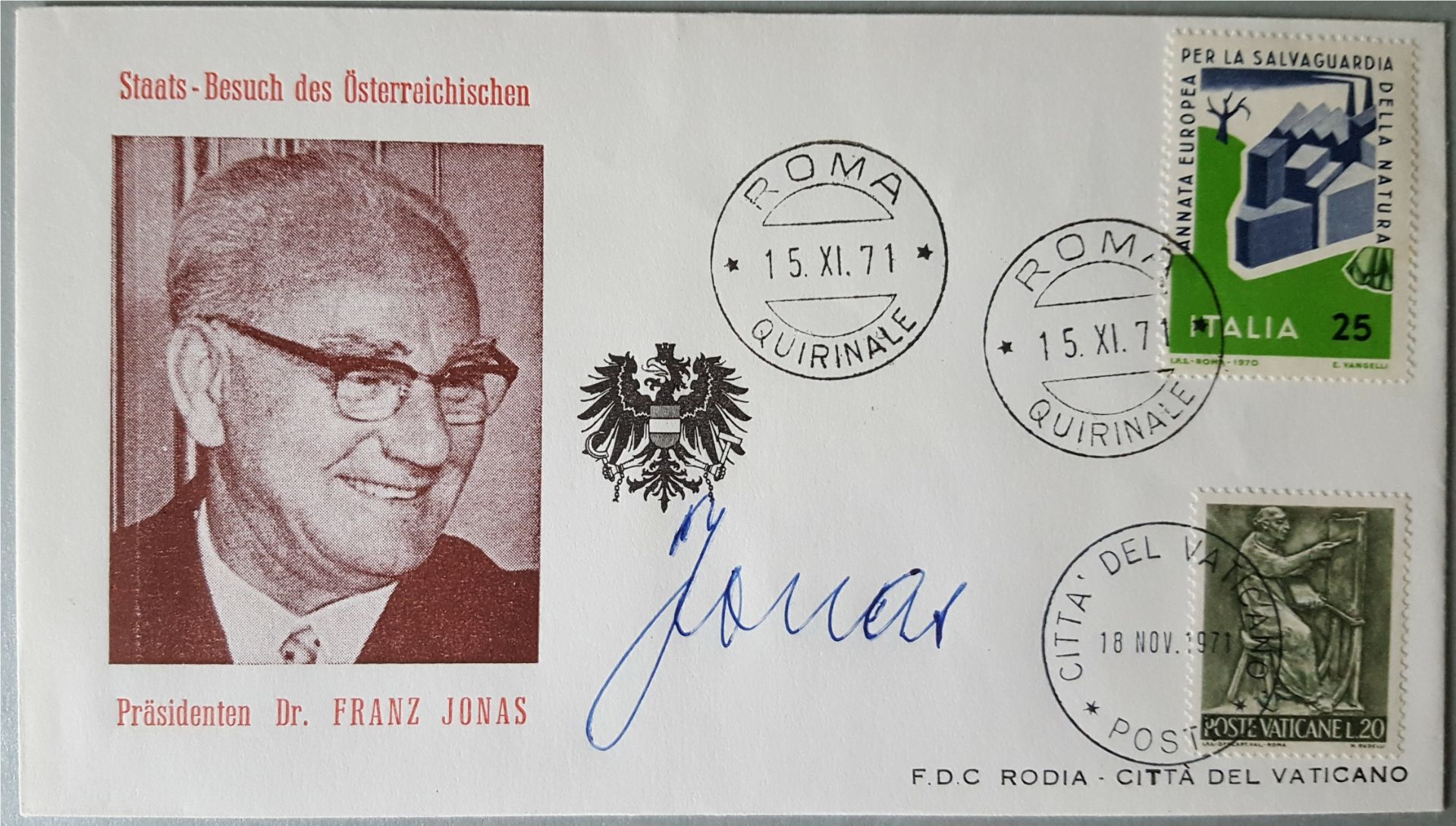 Vintage Autograph Franz Jonas President od Austria on First Day Cover Dated 1971