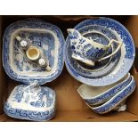 Antique Vintage Box of Blue & White Willow Pattern China Includes Tureen Cruet Jug & Meat Plates